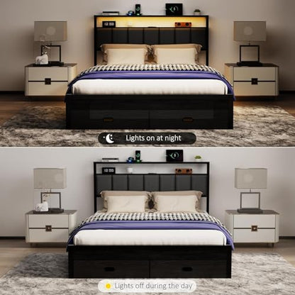 Full Bed Frames with Storage Drawer, Platform Bed with Charging Station and LED Lights, Upholstered Headboard with 2-Tier Storage Shelves, No Box Spring Needed