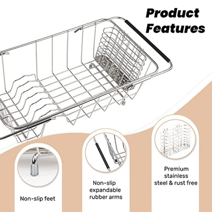 Sink Dish Drainer Rack, Expandable Stainless Steel Dish Drying Rack | 304 Stainless Steel Sink Rack with Utensil Holder, Adjustable 14.96"-20.59", Fits Inside Sink, Holds Up to 7 Upright Utensils
