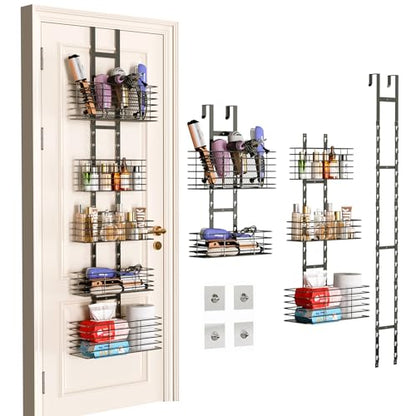5-Tier Over The Door Organizer Bathroom - Hair Dryer Holder - Hair Tool Organizer Adjustable Height, DIY Bathroom Storage Shelf Wall Mounted for Flat/Curling Irons, Straighteners, Skincare