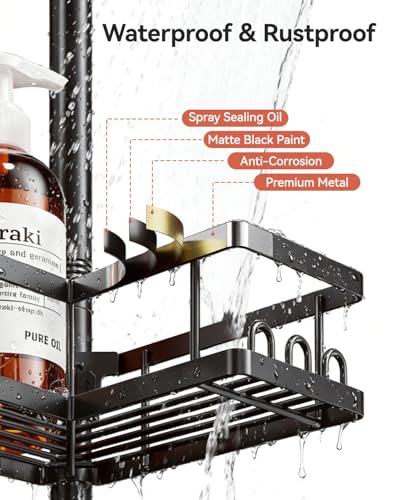 Corner Shower Caddy Tension Pole, 25.7-109.1in Adjustable Shower Shelves, Rust-Resistant Shower Organizer, No-Drill 3-Step Installation, Bathroom Shelves for Renters & Family, Black