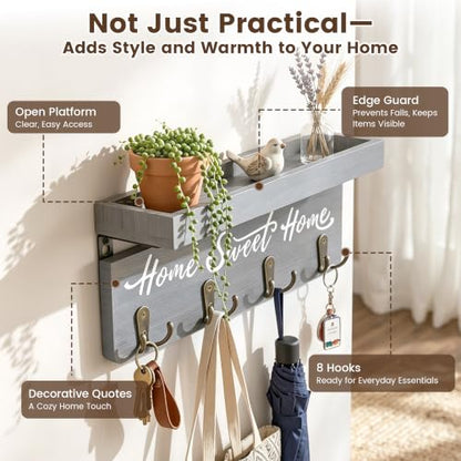 buways Key Holder Wall Mount with 8 Hooks and Cozy Home Sign (Gray) | Solid Wood, Floating Shelf for Keys, Mail, and Daily Essentials in Entryways, Hallways or Home Decor