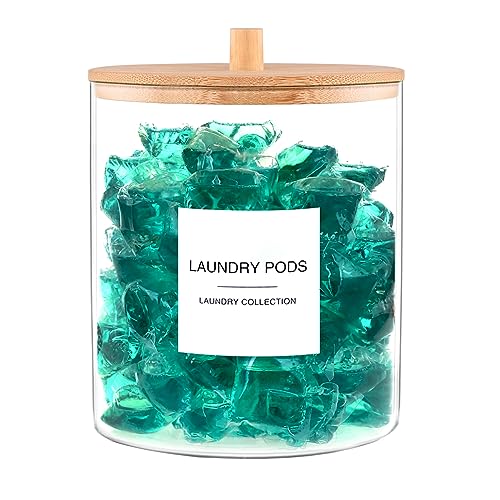 Glass Jars for Laundry Room Organization, Laundry Pods Container with 27 Labels, Detergent Holder with Bamboo Lid, Cute Storage Jars (Set of 1)