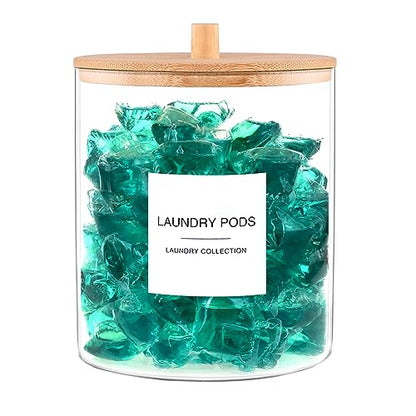 Glass Jars for Laundry Room Organization, Laundry Pods Container with 27 Labels, Detergent Holder with Bamboo Lid, Cute Storage Jars (Set of 1)