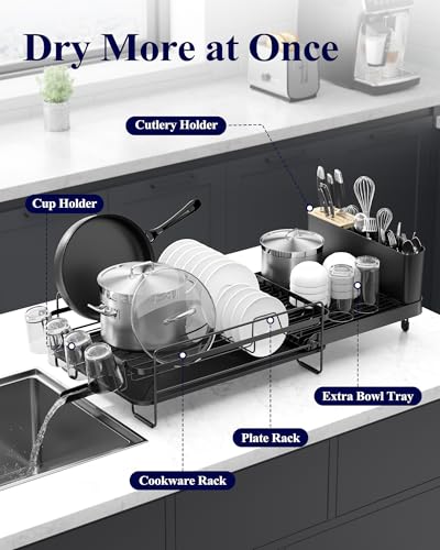Kitsure Extendable Dish Drying Rack, 19.2"-26.7" L x 12.9" W, Black | Large Dish Rack, Multifunctional Dish Rack for Kitchen Counter, Anti-Rust Dish Drainers with Cutlery & Cup Holders