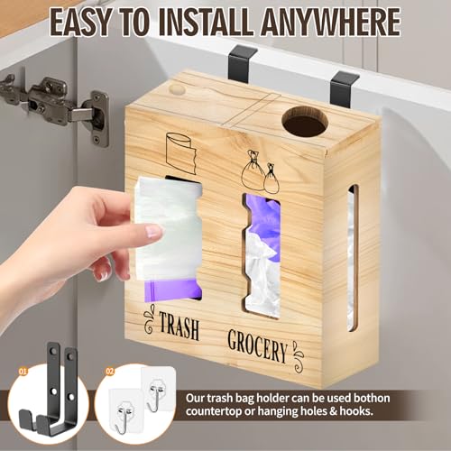 2 in 1 Trash Bag Dispenser and Grocery Bag Holder, Large Wooden Plastic Bag Holder, Wall Mount Trash Bags Holder for Grocery and Plastic Bags, Kitchen and Laundry Room Organization