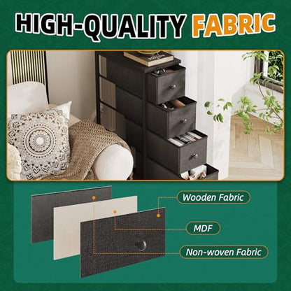 Narrow Dresser, 19" Wide Narrow Nightstand Dresser Storage Tower with 5 Drawers, Slim Fabric Dressers Chest of Drawers for Small Spaces, Wood Top & Fabric Bins for Bedroom Bathroom Closet (Black)