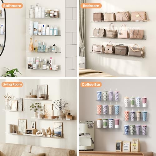 upsimples 15" x 4" Acrylic Shelves for Wall Storage and Organizer, 6 Pcs | Versatile Clear Floating Bedroom Shelves for Figures & Collectibles, Kids Bookshelf, Invisible for Displaying, Room Décor