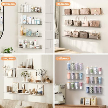 upsimples 15" x 4" Acrylic Shelves for Wall Storage and Organizer, 6 Pcs | Versatile Clear Floating Bedroom Shelves for Figures & Collectibles, Kids Bookshelf, Invisible for Displaying, Room Décor