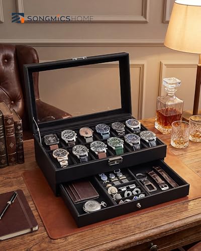 SONGMICS HOME Watch Box, PU Watch Case Organizer with Glass Lid, Removable Pillows, Metal Clasp, 12 Slots, Black