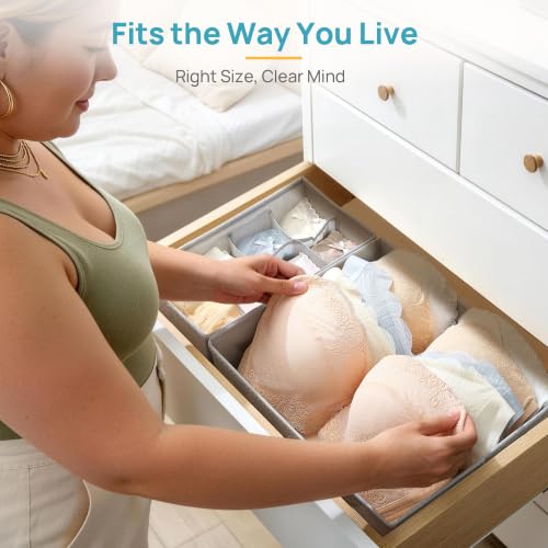 Vtopmart 4 Pack Large Bra Drawer Organizer, 14 Inch Foldable Fabric Underwear Storage Tray for Dresser Drawers, Keeps Shape for M-L/34D-38C Bras, Closet Organizer