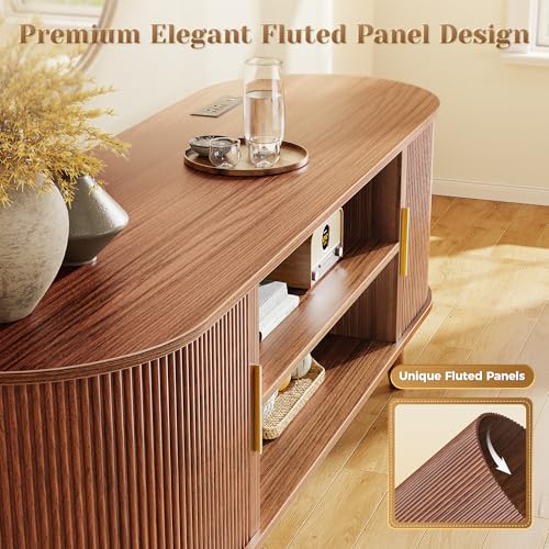 54 Inch Fluted TV Stand for TVs up to 55 Inch, TV Media Console with Power Outlets and USB-C Port, Entertainment Center with Storage, Curved Sliding Doors, Adjustable Shelf, Brown