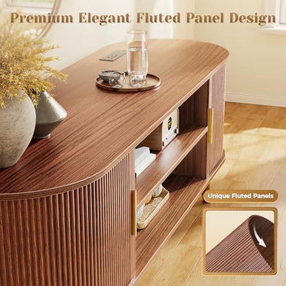54 Inch Fluted TV Stand for TVs up to 55 Inch, TV Media Console with Power Outlets and USB-C Port, Entertainment Center with Storage, Curved Sliding Doors, Adjustable Shelf, Brown