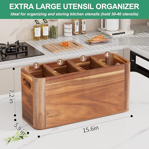 ZUJJAFY Utensil Holder, Extra Large Kitchen Utensil Holder for Counter with 4 Compartments, Wooden Kitchen Utensils Organizer for Countertop Cooking Spatula Storage, Acacia Wood
