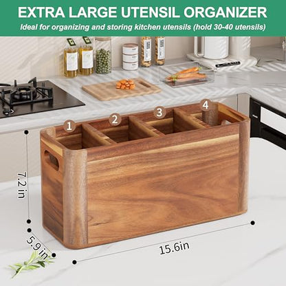 ZUJJAFY Utensil Holder, Extra Large Kitchen Utensil Holder for Counter with 4 Compartments, Wooden Kitchen Utensils Organizer for Countertop Cooking Spatula Storage, Acacia Wood