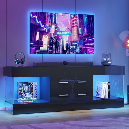 Bestier TV Stand for 65 Inch TV, Modern Black Entertainment Center | High Gloss Black Finish, Stone Pattern Panels, LED Lights, 2 Large Storage Drawer, Living Room Media Console