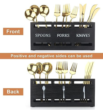 Wooden Silverware Caddy for Party Cutlery Utensil Holder Organizer Counter | Small Black Silverware Holder Table Wood Flatware Utensil Caddy Kitchen Countertop Decor Spoon and Fork Holder Cutlery Basket