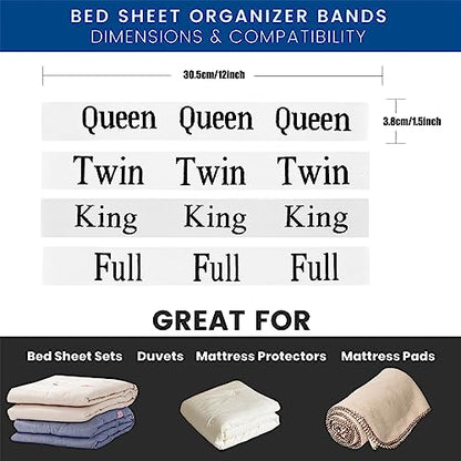 12pcs Bed Sheet Organizers and Storage Bands | for Closet Organization Linen Labels King Twin Full Queen Bedding Bands Elastic Sheet Straps