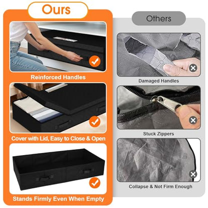 Under Bed Storage Containers with Lids, 2 Pack Foldable Black | Storage organizer, Stackable Clothes Storage Bags, For Blankets Pillows Clothing, Clear Window, 3-Sided Handles, Label Slot