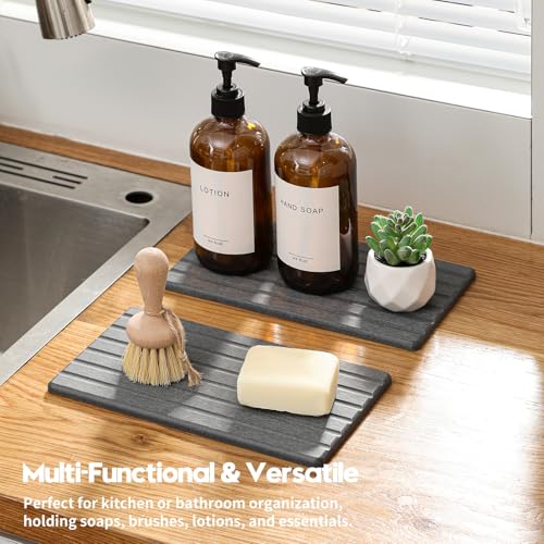 2PCS Water Absorbing Stone Drying Tray Mat for Bathroom Sink & Kitchen Counter Organizer, Quick Dry Dish Soap Dispenser Sponge Holder, Vanity Sink Caddy, Coaster, Dark Gray - 10" x 6"