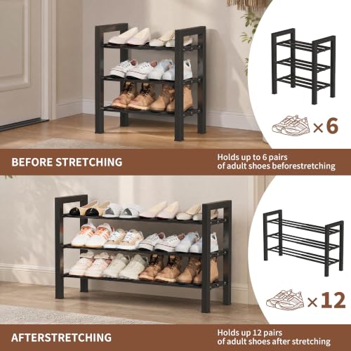 Upgraded 3-Tier Expandable Shoe Rack, Adjustable Shoe Shelf Storage Organizer Heavy Duty Metal Free Standing Shoe Rack for Entryway Closet Doorway (Black)