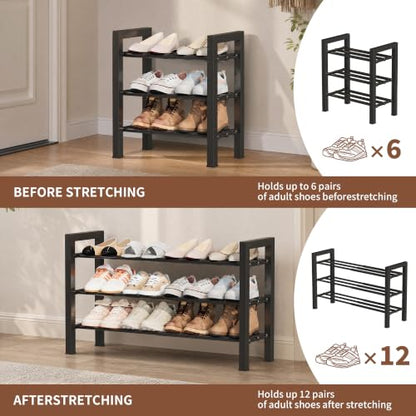 Upgraded 3-Tier Expandable Shoe Rack, Adjustable Shoe Shelf Storage Organizer Heavy Duty Metal Free Standing Shoe Rack for Entryway Closet Doorway (Black)