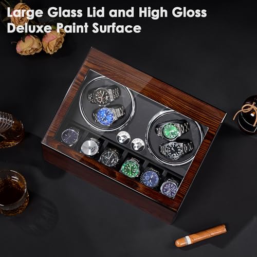 BEWISHOME Watch Winders for Automatic Watches, Automatic Watch Winder Box | Watch Spinner with LED Light,4 Watch Winder with Quiet Running Motor and 6 Storage Case for Man/Woman's Watches, Brown SYQ01Y