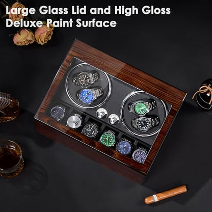 BEWISHOME Watch Winders for Automatic Watches, Automatic Watch Winder Box | Watch Spinner with LED Light,4 Watch Winder with Quiet Running Motor and 6 Storage Case for Man/Woman's Watches, Brown SYQ01Y