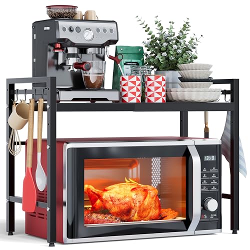 2 Tier Expandable Microwave Stand countertop,Microwave Oven Rack | microwave shelf, storage shelves for pans &appliances,Adjustable partition height，8 Hooks，55lbs max load,Black
