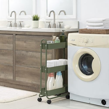SunnyPoint Slim Rolling Storage Cart, 3 Tier Bathroom Storage Organizer Bathroom, Laundry Utility Cart (Army)