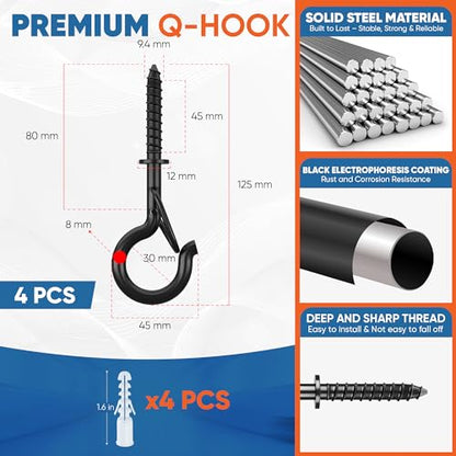 [HEAVY-DUTY] 250Lbs 5’’ M8 Q-Hanger Hook with Safety Buckle & Washer, 4Pcs | Black Windproof Screw Hooks for Hanging Plant with Expansion Tubes, Screwdriver, Hanging Outdoor String Light Christmas Patio