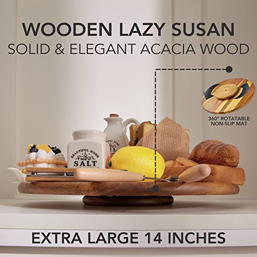 Acacia Wood Lazy Susan, Wood Turntable Tray Cabinet Organizer,14"