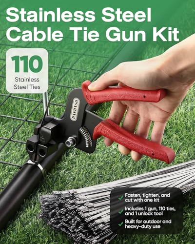 112-Piece Cable Tie Gun Kit, 11.8 Inch 304 Stainless Steel Zip Ties | Includes 110 Metal Zip Ties and Release Tool; Gun Tightens and Cuts for Fence, Exhaust Pipe, Chicken Coop, Farm and Cables