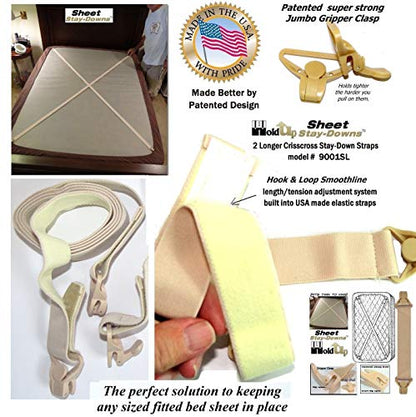 Holdup Crisscross Fitted Sheet Strap Stay-Downs Patented Gripper Clasps | Holdup Crisscross fitted sheet strap stay-downs with USA patented gripper clasps. Secure hold keeps sheets firmly in place.