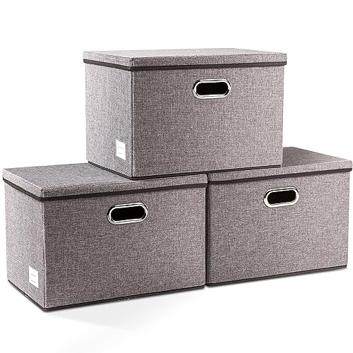 Large Collapsible Storage Bins with Lids [3-Pack] Linen/Cotton Blend Foldable Storage Boxes Organizer Containers Baskets Cube with Cover for Home Bedroom Closet Office Nursery(17.7x11.8x11.8)