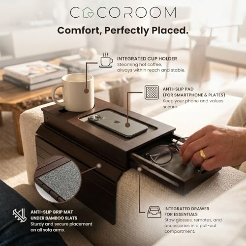 Sofa Armrest Tray with Drawer & Cup Holder — Wooden Couch Arm Tray with Anti-Slip Surface | Fits Most Sofa & Couch Arms (Dark Brown)
