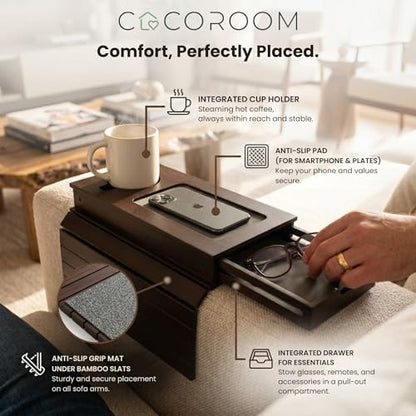 Sofa Armrest Tray with Drawer & Cup Holder — Wooden Couch Arm Tray with Anti-Slip Surface | Fits Most Sofa & Couch Arms (Dark Brown)