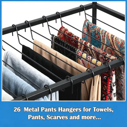 Freestanding Pants Rack Stand 2 Tier Black Pants Rack for Closet, Metal Trouser Rack with 26 Pant Hangers for Jeans, Scarves, Towels