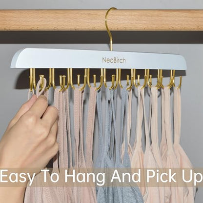 2 Pack White Wooden Bra Hanger Space Saving Closet Organizer for Tank Top | Multi golden hooks hold belts, caps,camis, swimwear, hats, ties,scarves and lingerie neatly 360° rotating non-Slip