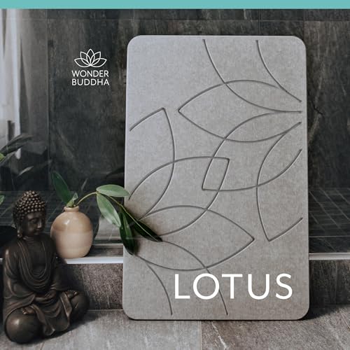 Wonder Buddah Diatomaceous Earth Bath Mat, Lotus | Quick-dry, antimicrobial, non-slip backing pad, millions of micro-pores, 5.9 lb, sanding tool incl.