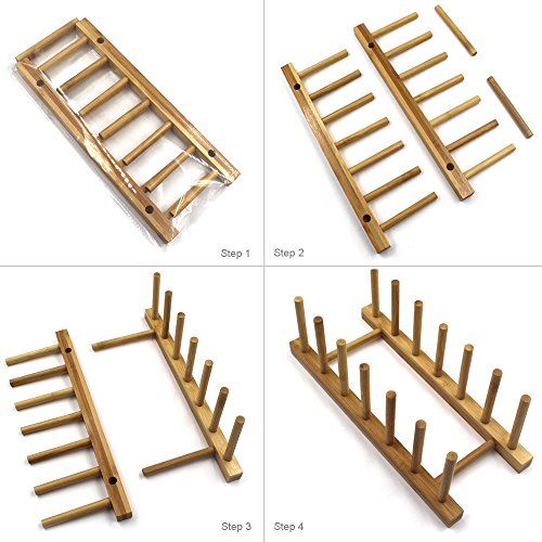 Bamboo Wooden Plate Racks Dish display Holder Kitchen Storage, Pack of 4 | Cabinet Organizer for Dish / Plate / Bowl / Cup / Pot Lid / Cutting Board/ Book (vertical)