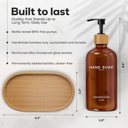 Amber Glass Hand and Dish Soap Dispenser Set by Brighter Barns - Kitchen Soap Dispenser Set with Tray - Bamboo Pump Bottles for Kitchen Sink - Modern Home Decor, Neutral Decor for Airbnb, Gift (Amber)