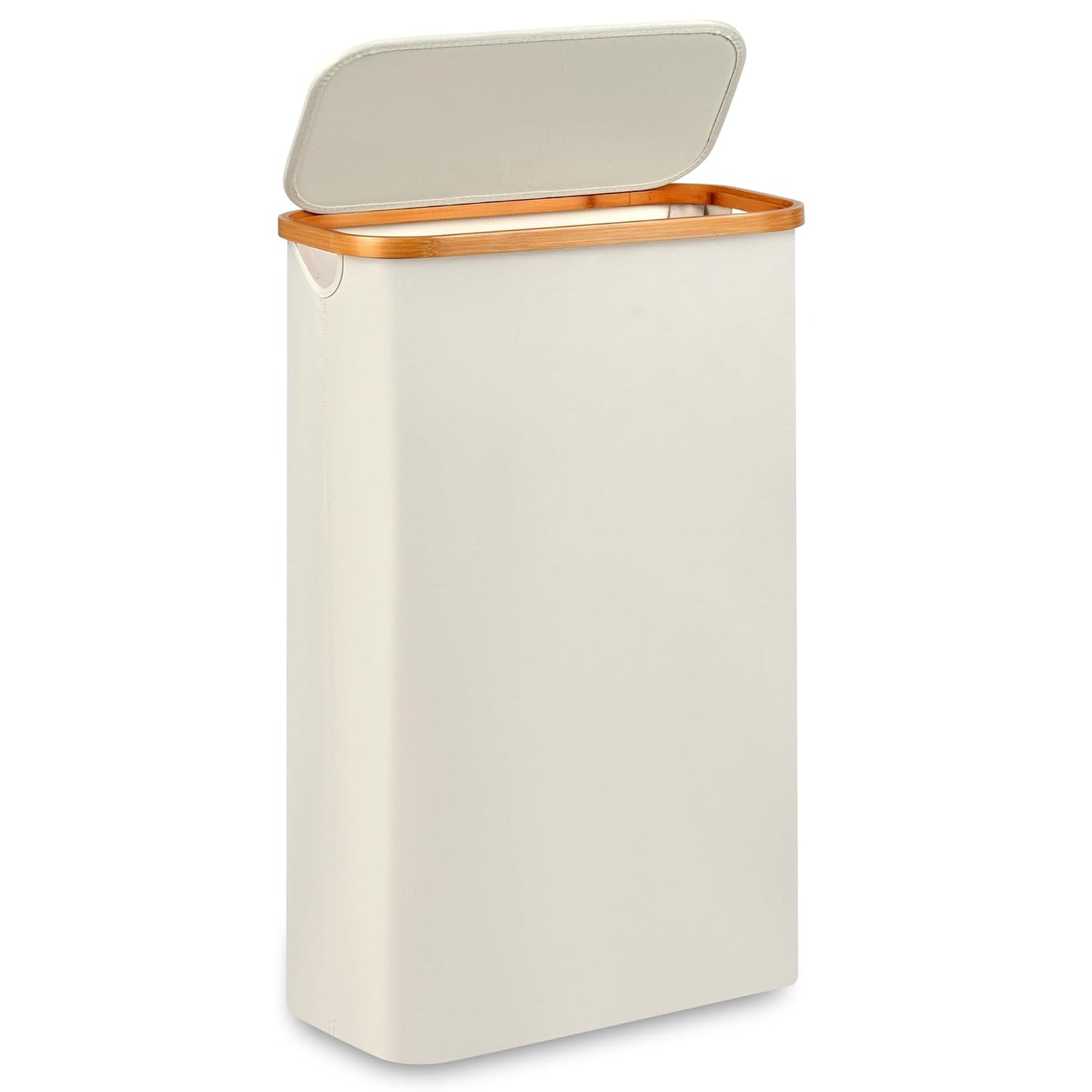 Slim Laundry Hamper,Narrow laundry Hamper with Lid,60L Hamper for Laundry,Dirty Cloth Hamper with Bamboo Handle for Towels, Clothes Organizing,Beige