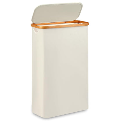 Slim Laundry Hamper,Narrow laundry Hamper with Lid,60L Hamper for Laundry,Dirty Cloth Hamper with Bamboo Handle for Towels, Clothes Organizing,Beige