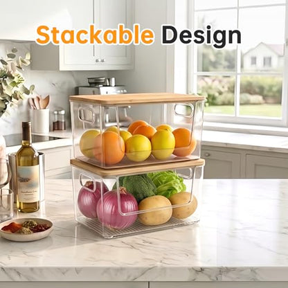 Trash Bag Holder 2 Pack, Stackable Garbage Bag Dispenser with Bamboo Lid, Large Capacity Under Sink Organizer for 13/30/33 Gallon Bags, Clear Storage Bins for Kitchen, Laundry Room, Pantry, Cabinet