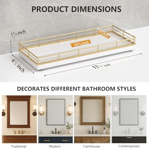 Bathroom Tray for Counter Top Organizer, Oak Wood Vanity Tray | Metal Frame for Dresser, Kitchen & Nightstand, Gold & White Decorative Storage