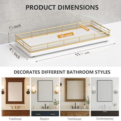 Bathroom Tray for Counter Top Organizer, Oak Wood Vanity Tray | Metal Frame for Dresser, Kitchen & Nightstand, Gold & White Decorative Storage