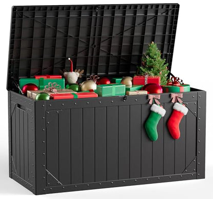 Outdoor Storage Box, 98 Gallon Deck Box, Outdoor Storage Bench, Waterproof Resin Storage Bench with Lockable Lid, Patio Furniture Cushions & Garden Tools Storage, UV Resistant (Black)