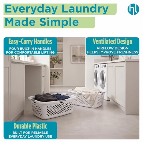 Home Logic 1.5 Bushel Plastic Laundry Basket Front Load, Large Laundry Hamper with Handles, Ventilated Clothes Organizer for Bedroom Bathroom Closet, 2 Pack, White
