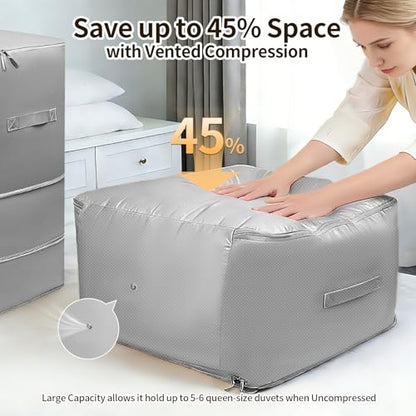 2 Pack Upgrade Comforter Storage Bag with Handle, Space Saving 3-Layer Adjustable In 3 Sizes (142L, 107L, 71L), Compression Blanket Storage Bags, Washable Bedding Organizer For Pillow Duvet Clothing