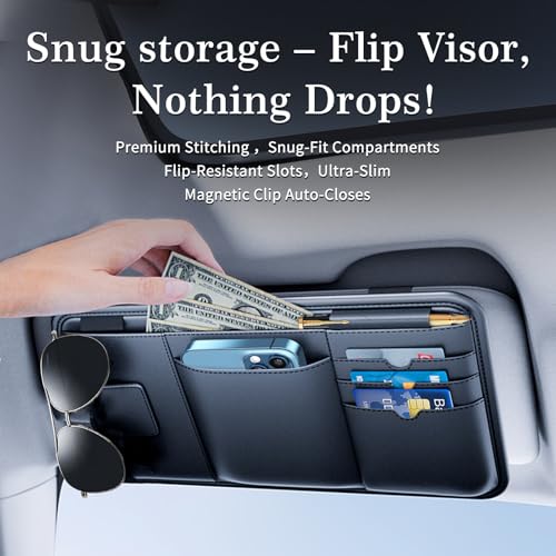 Car Visor Organizer, Premium Leather Sunglasses & Card Holder for Cars, Registration/Insurance Slot, Credit Card Pockets, Automotive Interior Organizer for Car Sun Visor (Black Leather)